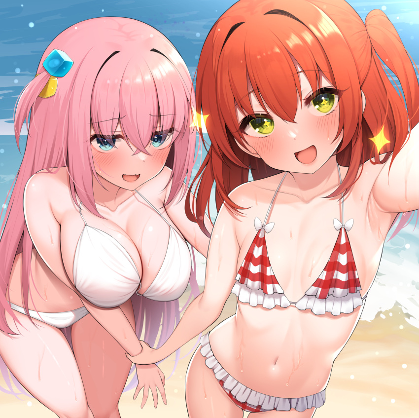 2girls armpits beach bikini bocchi_the_rock! breasts female female_only gotou_hitori holding_hands kita_ikuyo large_breasts looking_at_viewer pink_hair red_hair selfie shy smile suzutarou_gunsou swimwear wet yuriv