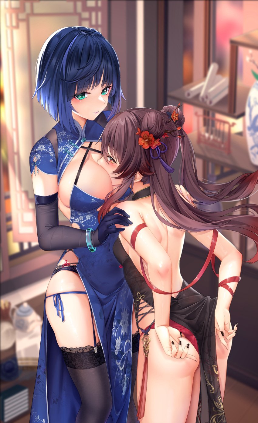 2girls ass big_breasts black_nails blue_hair blush breast_smother breasts brown_hair china_dress chinese_clothes double_bun elbow_gloves face_in_breasts female female_only garter_straps genshin_impact gloves hair_bun hi_res hu_tao_(genshin_impact) kousaki_natsu mature_female milf mommy_kink nail_polish painted_nails panties pelvic_curtain size_difference small_breasts smothering thighhighs twintails yelan_(genshin_impact) younger_female yuri