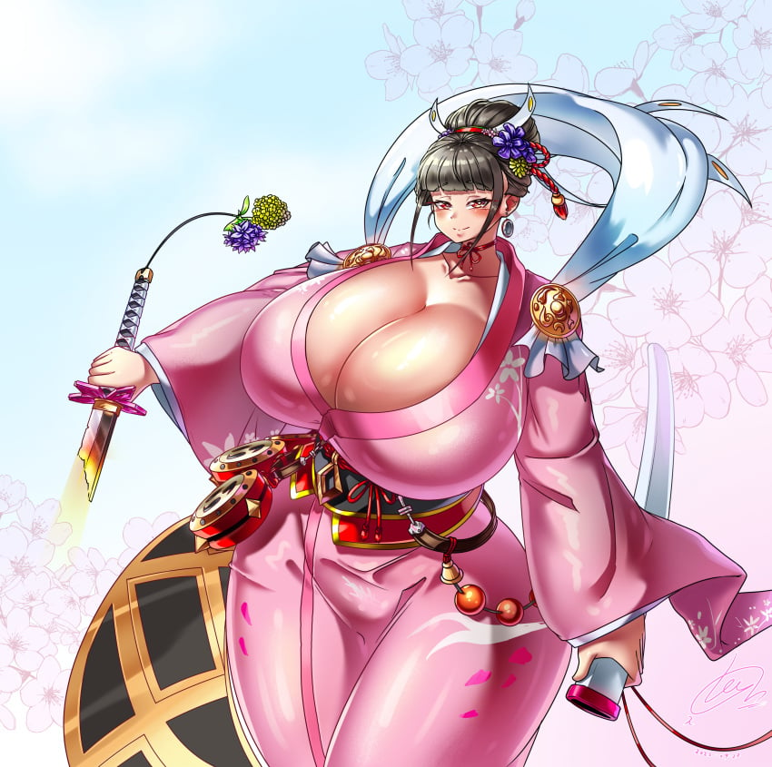 1girls artist_request big_breasts black_hair breasts busty chinese_knot cleavage curvaceous curvy curvy_body curvy_female curvy_figure earrings female hair_ornament holding holding_katana holding_sheath holding_weapon huge_breasts japanese_clothes kimono kunoichi_enrai large_breasts last_origin leeon_(artist) leey_on neck_ribbon nihongami red_eyes sheath venus_body voluptuous weapon wide_hips