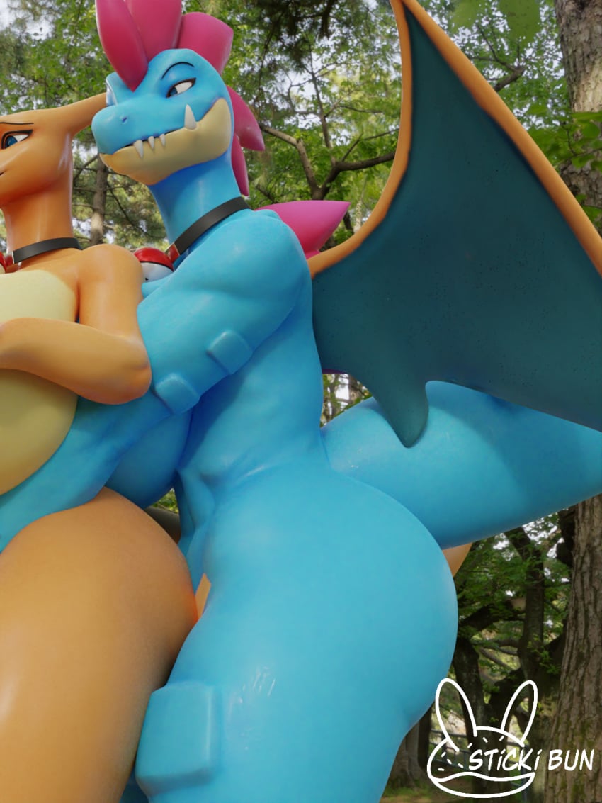 2022 3d_(artwork) anthro big_breasts blue_body breasts charizard detailed_background digital_media_(artwork) dragon duo female female/female feraligatr fingering generation_1_pokemon generation_2_pokemon hi_res huge_breasts nintendo nude outside plant pokémon_(species) pokemon pokemon_(species) scalie seductive sky standing sticki_bun tree wings yuki_(evov1)