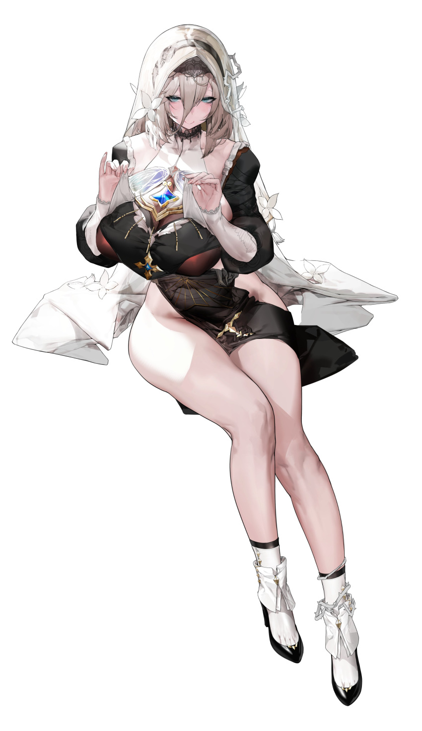 aponia blonde_hair blue_eyes eyebrows_visible_through_hair eyes_visible_through_hair hair_between_eyes high_heels honkai_impact_3rd no_panties nun nun's_habit thick_thighs xlxiaoluodiaofa