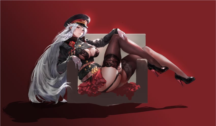 1girls black_high_heels cleavage female female_focus female_only garter_belt garter_straps gloves high_heels long_hair military military_hat military_uniform red_eyes red_skirt sitting skirt stockings thighhighs very_long_hair white_gloves white_hair xlxiaoluodiaofa