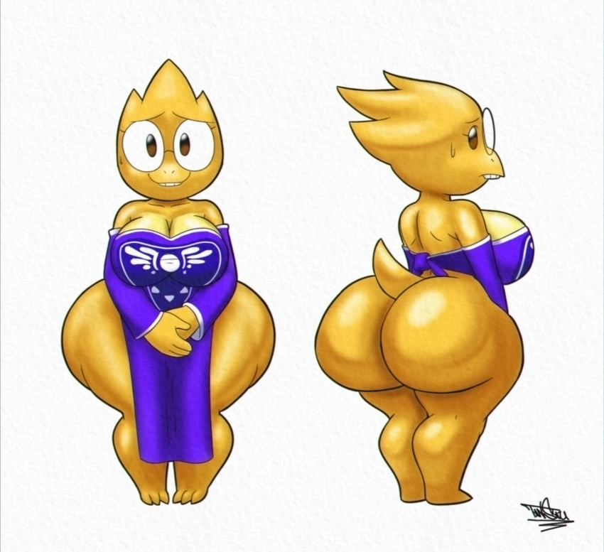 1girls 2d alphys big_ass big_breasts bottomless bottomless_skirt breasts bubble_butt dress_aside female female_only glasses huge_breasts huge_butt hyper_bimbo nerd nerdy_female shortstack solo tansau thick_thighs toriel_(cosplay) undertale undertale_(series) wide_hips