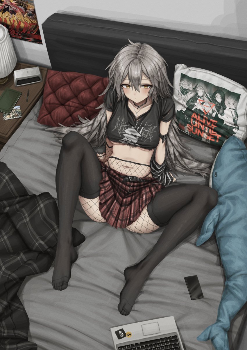 1girls 2022 absurd_res arknights arm_support armband bed belt black_thighhighs blahaj blush breasts choker clock clothing collarbone computer cross cushion emotionless fartooth_(arknights) feet female female_focus female_only fishnets from_above goth goth_girl gothic grey_hair ikea indifferent indoors jewelry lamp laptop lobsteranian long_hair looking_up medium_breasts metalhead midriff navel original pale_skin pantyhose phone plaid plaid_skirt pleated_skirt punk punk_girl shirt short_skirt sitting skirt solo solo_female spread_legs t-shirt thighhighs toes underboob yellow_eyes