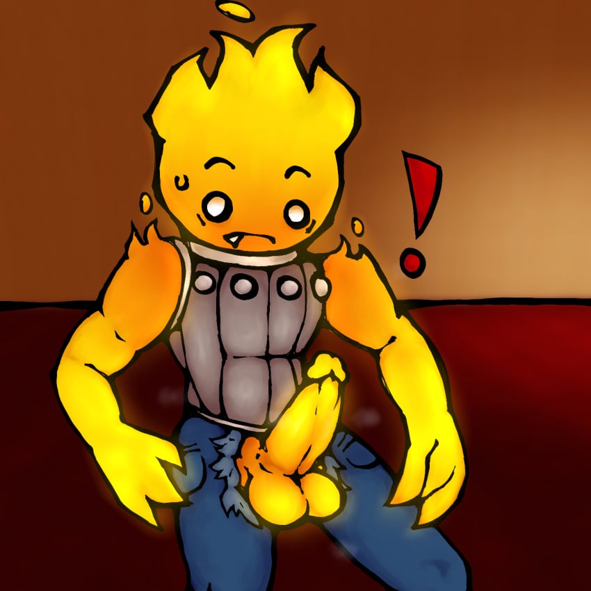 balls big_balls big_penis erect_penis erection fire flame hecklord jeans male male_only muscular_male musk musk_clouds orange_skin ripped_clothes ripped_clothing ripped_pants roblox robot_64 surprised surprised_expression tagme