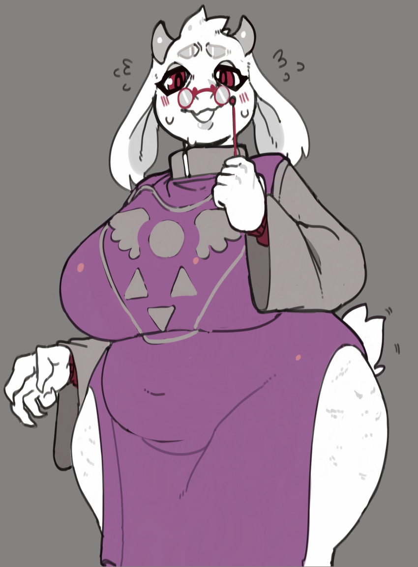 anthro big_breasts blush boss_monster bottomless bottomless_dress bottomless_skirt bovid breasts cameltoe caprine chubby clothing eyewear female floppy_ears fur furry furry_only glasses goat hi_res horn huge_breasts huge_hips huge_thighs looking_at_viewer mammal mature_anthro mature_female milf overweight overweight_anthro overweight_female red_eyes redactedinlight robe solo sweat sweatdrop sweaty tail thick_thighs toriel undertale undertale_(series) wide_hips