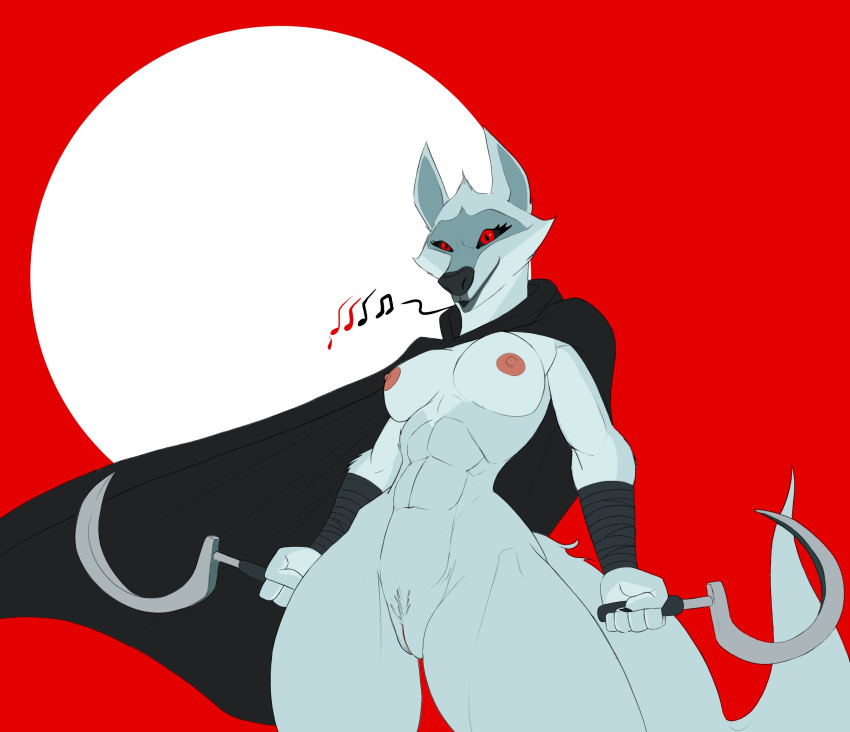 2023 abs anthro black_sclera breasts canid canine canis cloak cloak_only clothing death_(puss_in_boots) dreamworks eyelashes f_draws female fur genitals grey_body grey_fur hi_res mammal mostly_nude mtf_crossgender muscular muscular_female nipples portrait puss_in_boots_(dreamworks) puss_in_boots_(film) puss_in_boots_the_last_wish pussy red_background red_eyes rule_63 shrek_(series) sickle simple_background solo three-quarter_portrait universal_studios whistle wolf wraps wrist_wraps