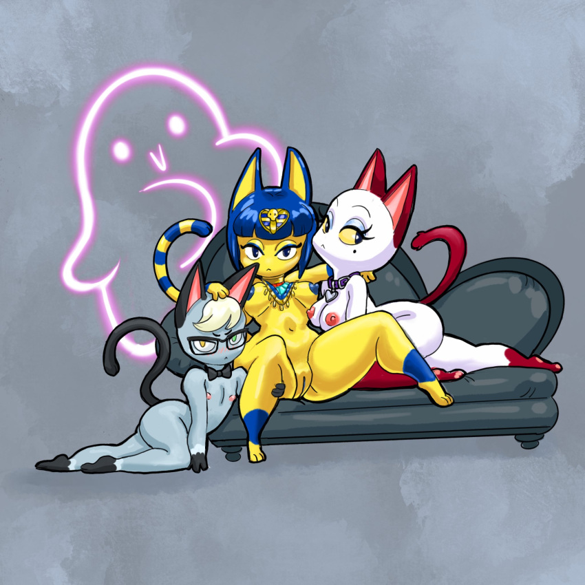 animal_crossing ankha ankha_(animal_crossing) breasts colored_nipples couch dom furry furry_female furry_male highres navel nipples olivia_(animal_crossing) phantomdame pussy raymond_(animal_crossing) tail