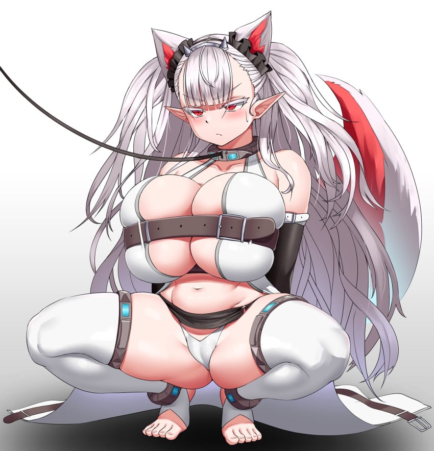 absurdres animal_ears belt belt_bra breasts cho!cho! cosplay draculina_(last_origin) fake_animal_ears fenrir_(last_origin) fenrir_(last_origin)_(cosplay) highres huge_breasts last_origin panties pointy_ears red_eyes squatting tail thighhighs underwear white_hair wolf_ears wolf_tail