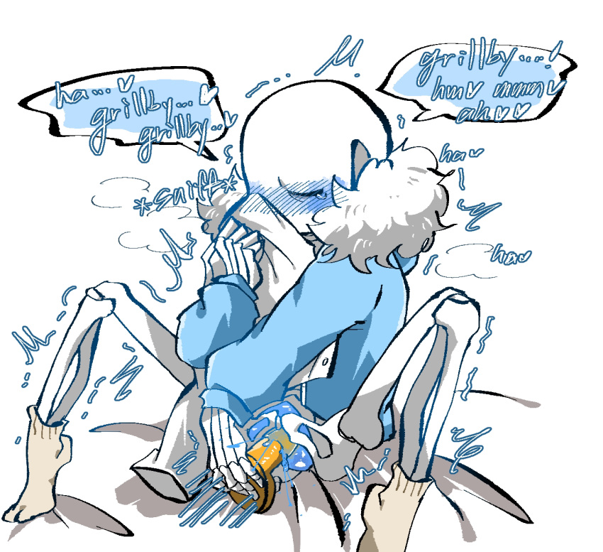 1boy 2d anal blue_blush bottomless dildo dildo_in_ass dildo_insertion english english_text jacket legs_apart legs_spread male male_only masturbation moan moaning orange_dildo sans sex_toy shandrawaka skeleton socks solo spread_legs talking tears text undertale undertale_(series) white_background white_socks