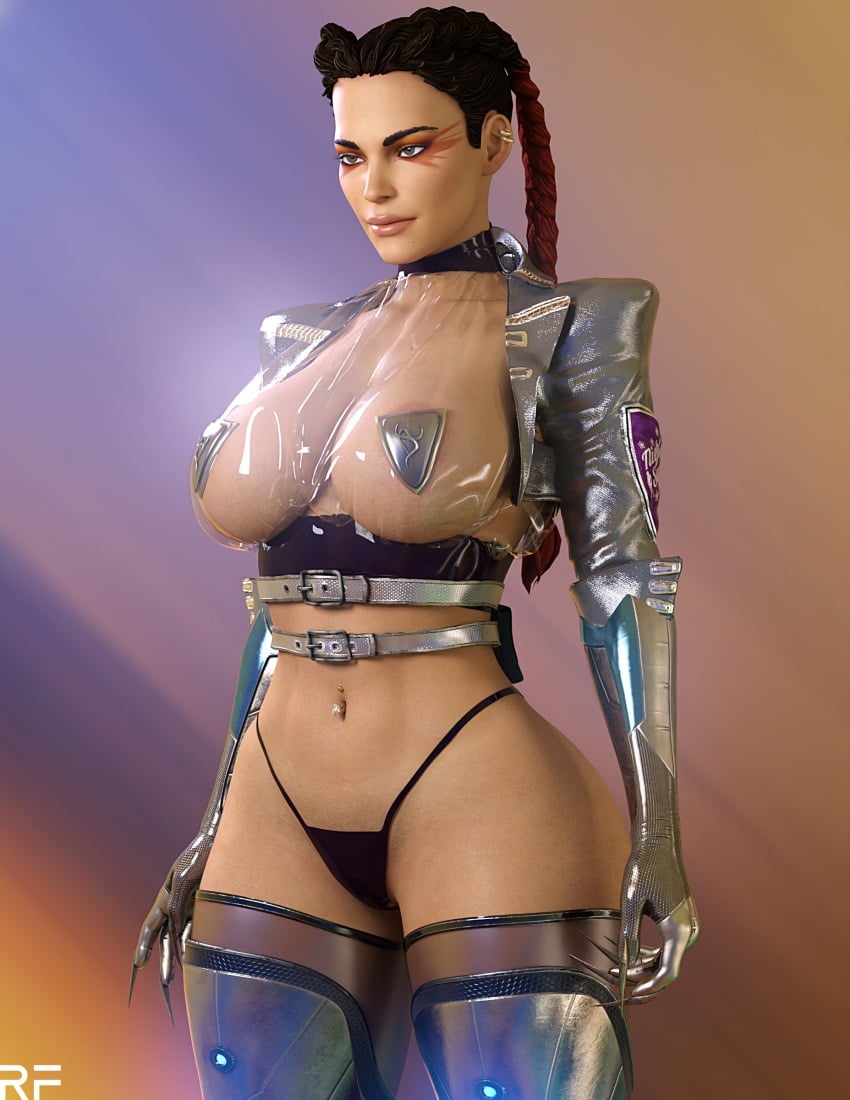 1girls 3d absurd_res apex_legends big_breasts braided_hair braided_twintails breasts dark-skinned_female dark_skin female female_only fully_clothed hi_res large_breasts loba_(apex_legends) nipple_covers pasties respawn_entertainment revealing_clothes rude_frog see-through see-through_clothing silver_nails skimpy_clothes solo stockings thick_thighs thighhighs thong translucent_latex transparent_latex two_tone_hair wide_hips