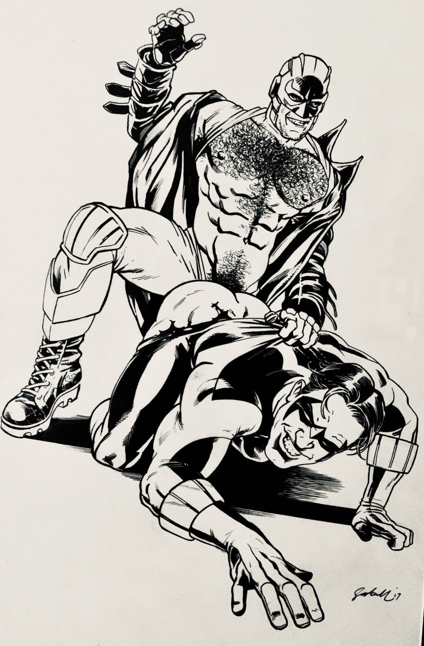 2boys abs anal anal_sex beard_stubble black_and_white body_hair bottomless crossover dc dc_comics dick_grayson facial_hair gay gay_sex hairy_chest hairy_male human implied_penetration male male_nipples male_only male_pubic_hair manly marvel masked mature_male midnighter muscles muscular_male nightwing open_coat pecs pleasure_face spread_legs timber_woof uncolored