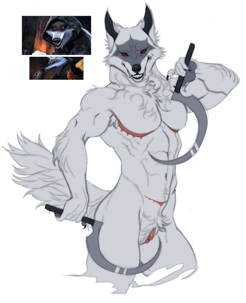 1cuntboy 2023 andromorph anthro canid canine canis cuntboy death_(puss_in_boots) dreamworks fur genderswap genderswap_(mti) genitals grey_body grey_fur grin hi_res holding_object holding_weapon intersex looking_at_viewer mammal mastectomy_scar maunderfiend muscular muscular_andromorph muscular_anthro muscular_intersex portrait puss puss_in_boots_(dreamworks) puss_in_boots_(film) puss_in_boots_the_last_wish pussy red_eyes scar shrek_(series) sickle smile solo three-quarter_portrait universal_pictures universal_studios weapon wolf