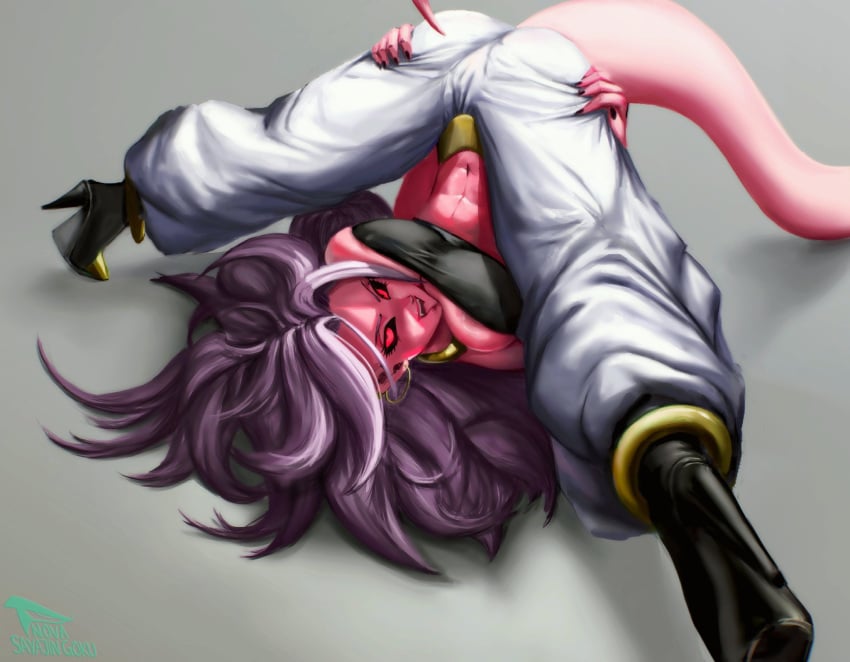 1girls abs android_21 android_21_(evil) arabian_clothes ass athletic_female breasts dark_sclera dragon_ball dragon_ball_fighterz dragon_ball_z harem_outfit large_breasts majin_android_21 no_bra no_bra_under_clothes novasayajingoku pink_body pink_skin seductive six_pack smile solo solo_female spiked_hair tail tongue_out white_hair