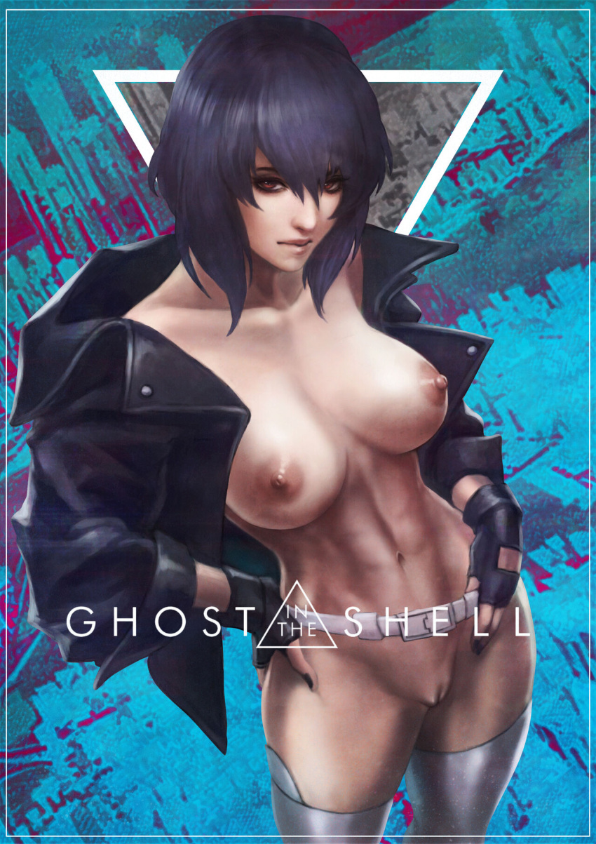 1girls abs asian asian_female athletic_female belt big_breasts cybernetics cyberpunk female female_only ghost_in_the_shell jacker kusanagi_motoko monorirogue naked nude open_jacket poster purple_eyes purple_hair pussy short_hair solo text