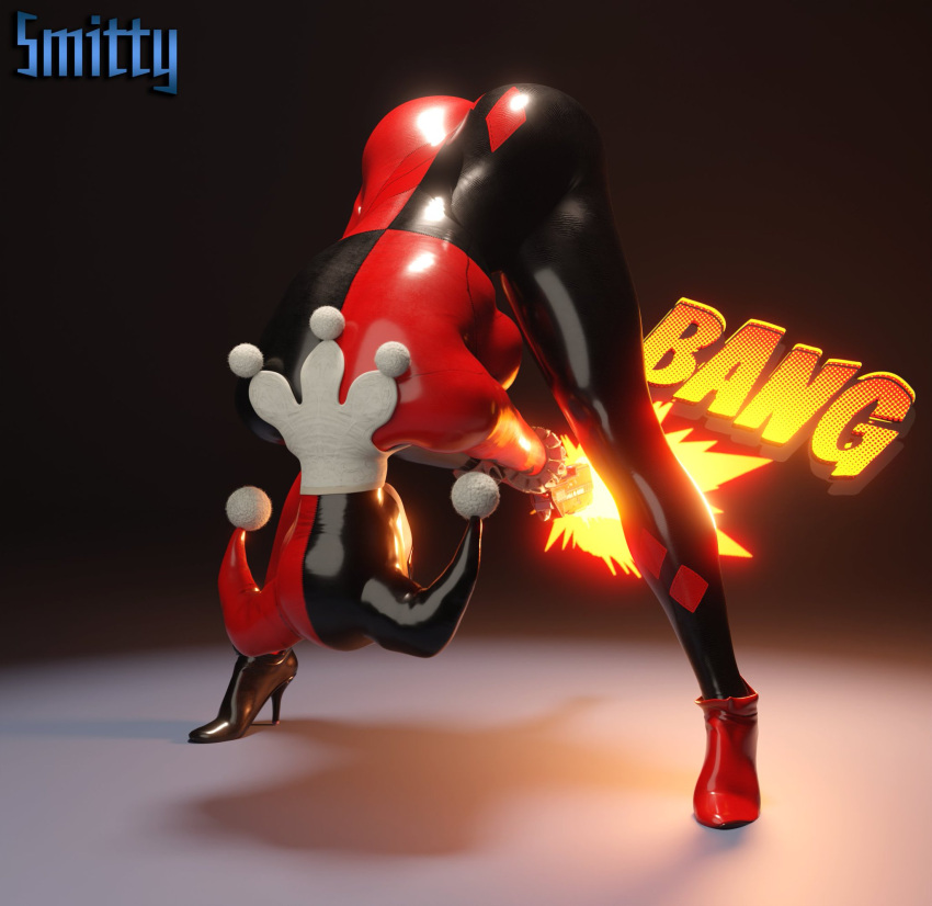 1girls 3d 3d_(artwork) athletic athletic_female batman:_arkham_knight batman_(series) bending_over bodysuit dc dc_comics female female_only gunfire harley_quinn harley_quinn_(classic) harley_quinn_(injustice) high_heels hips injustice_2 legs onomatopoeia smitty34 solo thighs villain villainess