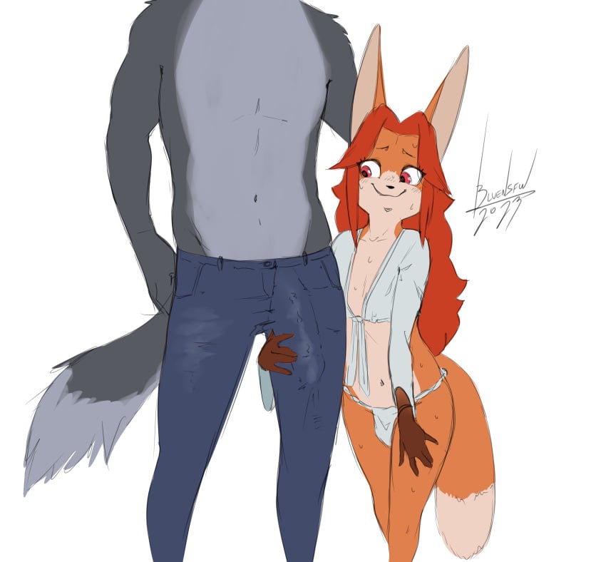 2023 absurd_res anthro anthro_on_anthro blulesnsfw bodily_fluids bottomwear bulge canid canine canis clothed clothing duo erection erection_under_clothing faceless_anthro faceless_character faceless_male female fox fur genital_outline grey_body grey_fur hi_res larger_male looking_down male male/female mammal mei_huo_(blulesnsfw) orange_body orange_fur pants penis_outline simple_background size_difference smaller_female sweat topless topless_anthro topless_male white_background wolf