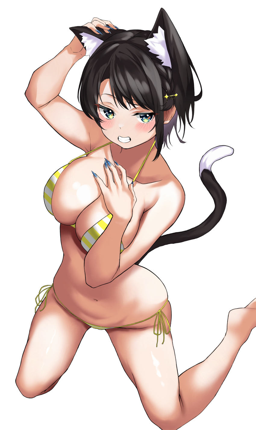 1girls 2022 absurdres animal_ear_fluff animal_ears arm_up bangs big_breasts bikini bikini_bottom bikini_top black_hair blue_nails blush braid breasts cat_ears cat_tail cleavage collarbone fake_nails female fingernails french_braid green_eyes grin hair_ornament hairclip hand_up highres hololive hololive_gen_2 hololive_japan kneeling large_breasts nail_polish navel official_alternate_costume official_alternate_hairstyle oozora_subaru rag76 short_hair side-tie_bikini_bottom simple_background smile solo stomach strap_gap striped_bikini striped_bikini_bottom striped_bikini_top swept_bangs swimsuit tail virtual_youtuber white_background yellow_bikini