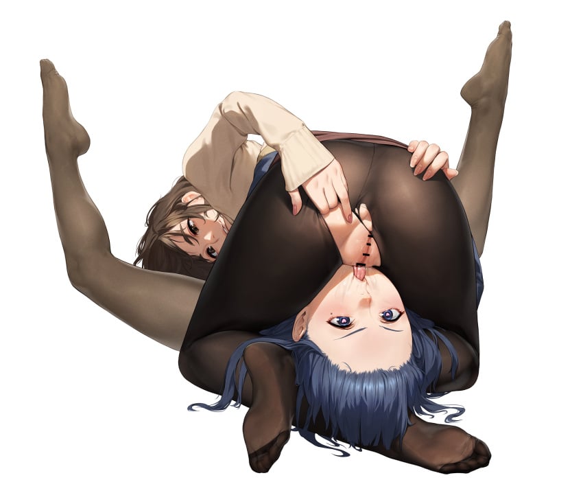 2girls absurdres bar_censor beeeeen black_pantyhose blue_eyes blue_hair blush brown_eyes brown_hair censored commission cowgirl_position cunnilingus facesitting feet fingernails ganbare_douki-chan headscissor heart heart-shaped_pupils highres kouhai-chan_(douki-chan) legs_up long_fingernails long_hair lying miru_tights mole mole_under_eye multiple_girls nakabeni_yua no_shoes on_back oral pantyhose parted_lips pixiv_commission pussy scissorhold simple_background sleeves_past_wrists symbol-shaped_pupils teeth tongue tongue_out torn_clothes torn_pantyhose white_background yuri