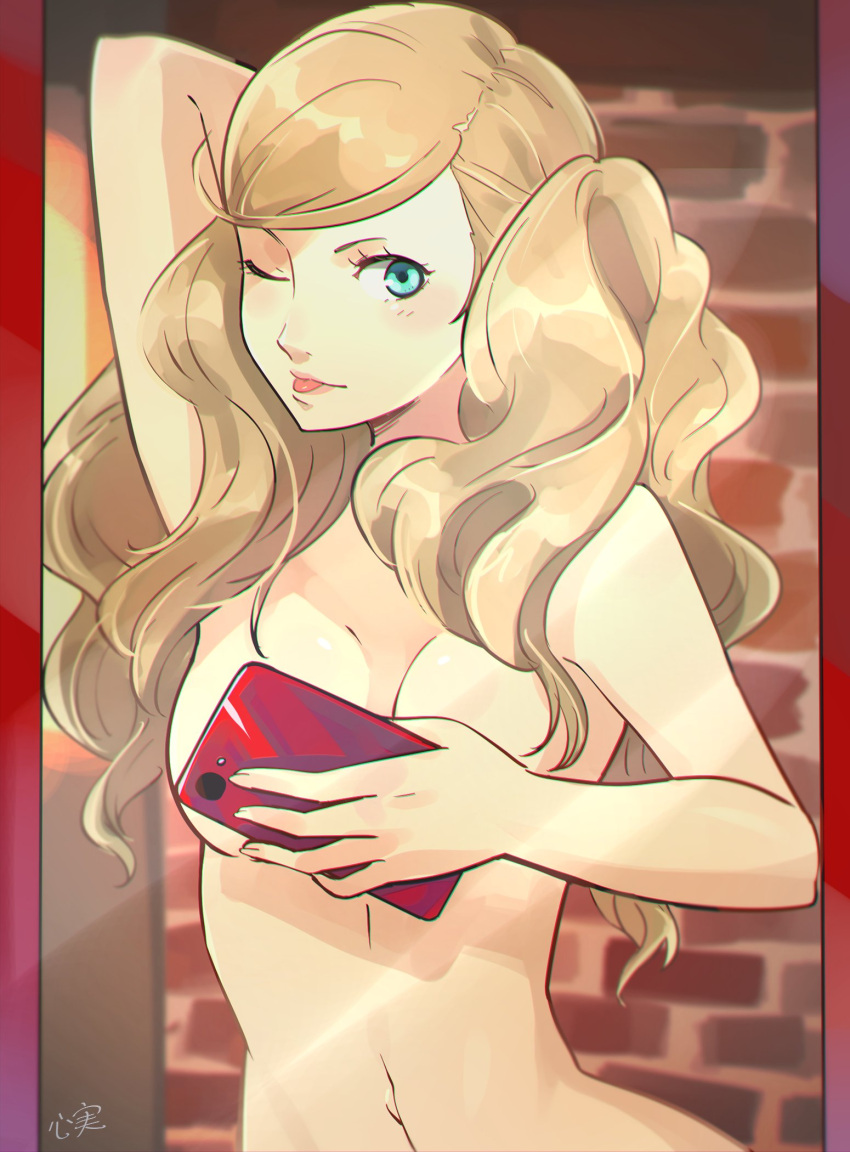 1girls ann_takamaki breasts breasts_out convenient_censoring convenient_censorship covering covering_breasts k0k0midess kokomi kokomidraws looking_at_viewer mirror mirror_selfie naked nude persona persona_5 phone solo