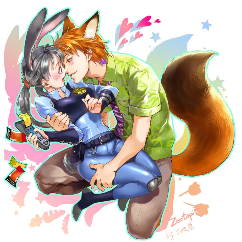 1boy 1girls animal_ears assertive_male blush chushengdao clothing disney fox_boy fox_ears fox_tail ginger grabbing_partner green_eyes grey_hair hand_on_thigh heart holding_partner hugging human humanized imminent_kiss judy_hopps kissing male/female navel nick_wilde on_lap orange_hair parking_ticket petite police police_uniform policewoman purple_eyes rabbit_ears rabbit_girl skin_tight straight surprised tight_clothing wholesome zootopia