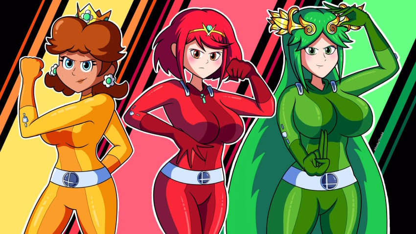 3girls alex_(totally_spies)_(cosplay) alternate_costume big_breasts big_thighs blue_eyes bodysuit breasts clover_(totally_spies)_(cosplay) company_connection cosplay crossover crown earrings female female_only flower_earrings freckles funkythor64 ginger_hair green_bodysuit green_eyes green_hair kid_icarus laurel_crown light-skinned_female light_skin lips lipstick long_hair looking_at_viewer mario_(series) nintendo pale-skinned_female pale_skin palutena princess_daisy pyra red_bodysuit red_eyes red_hair sam_(totally_spies)_(cosplay) short_hair shoulder_length_hair signature standing super_smash_bros. super_smash_bros._ultimate tan-skinned_female tan_skin thick thick_hips thick_thighs totally_spies trio very_long_hair wide_hips xenoblade_(series) xenoblade_chronicles_2 yellow_bodysuit