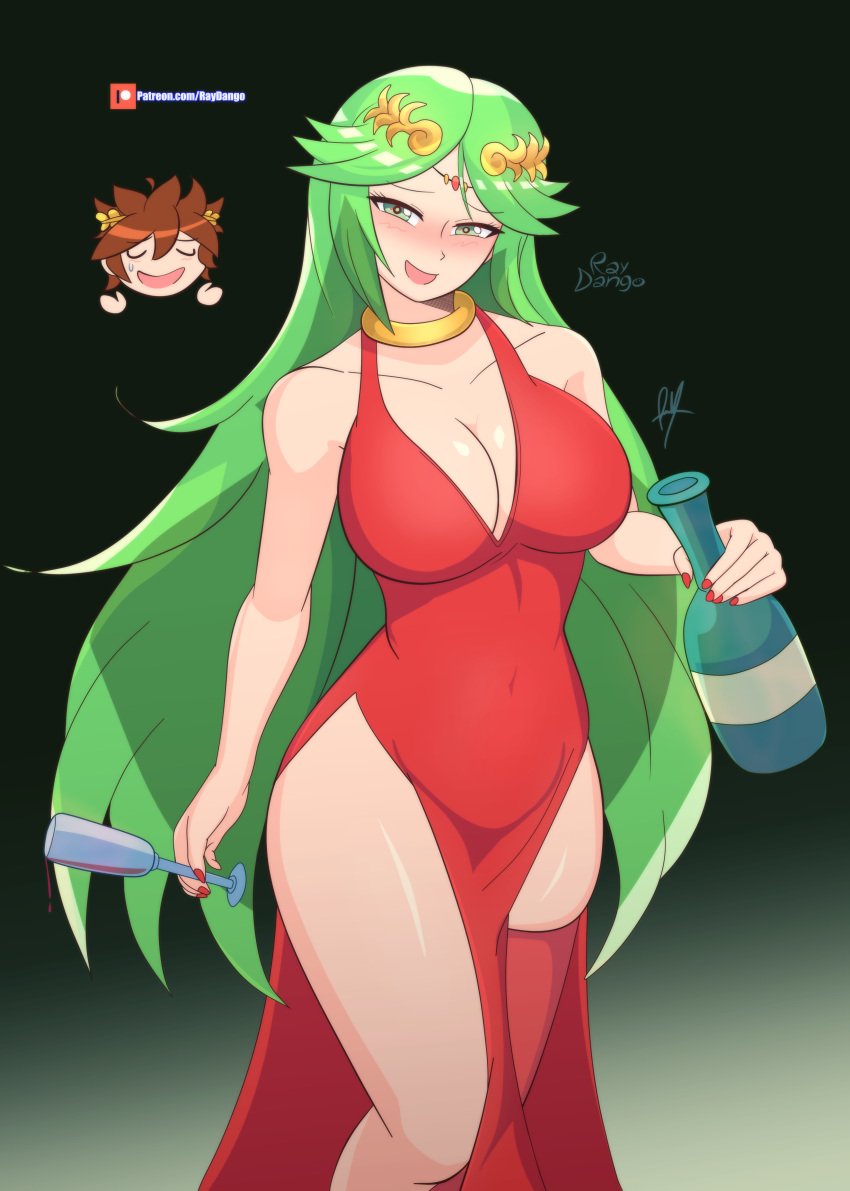 alcohol breasts female green_hair kid_icarus kid_icarus_uprising nintendo palutena pit pit_(kid_icarus) raydango red_dress white_skin