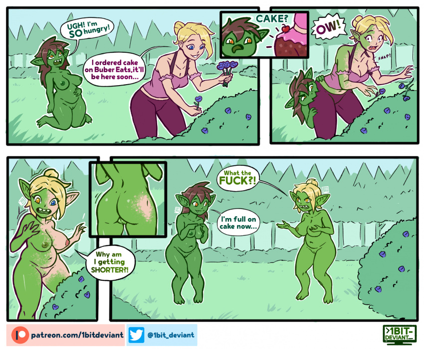 1bit-deviant 2023 annoyed assimilation blonde_hair blue_eyes bottomwear breasts butt_bite clothing comic cute_fangs detailed_background dialogue digital_media_(artwork) duo english_text female female/female flower forest genitals goblin goblin_female goblinification green_body hair hi_res holding_flower holding_object human human_to_humanoid humanoid humanoid_pointy_ears mammal nipples not_furry nude open_mouth outside pants patreon_logo patreon_url plant pussy red_hair short_stack short_stackification shortstack shrinking size_transformation smile species_transformation surprise text transformation tree url yellow_eyes