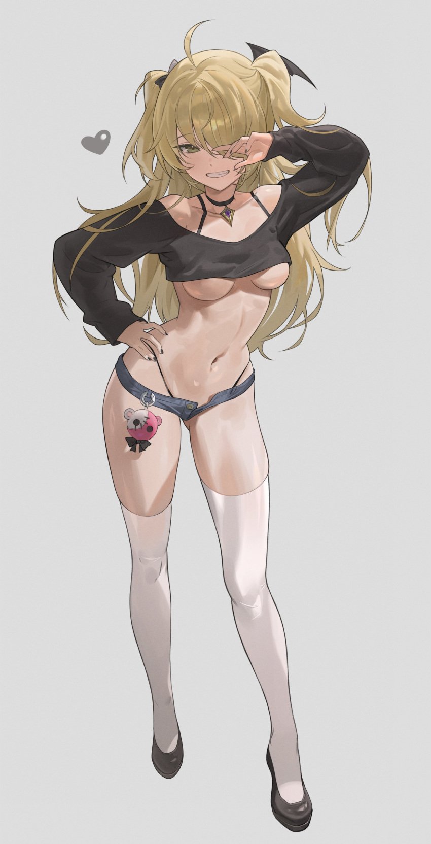 1girls ass_visible_through_thighs blonde_hair breasts choker clothing cropped_shirt female female_only fischl_(genshin_impact) fully_clothed genshin_impact green_eyes hand_on_hip hi_res light-skinned_female light_skin medium_breasts midriff navel revealing_clothes shirt short_shorts shorts skimpy_clothes smile socks thigh_socks thighhighs thong thong_above_shorts thong_straps twintails underboob white_socks zutsuyaku_(zutsuuyaku1)