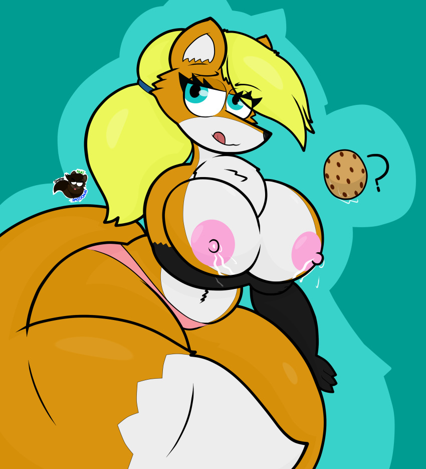 ?! absurd_res anthro areola big_breasts big_tail blonde_hair blue_eyes bodily_fluids breast_milking breasts canid canine chest_tuft clothing cookie eyeshadow female fluffy fluffy_tail food fox fur furry furry_breasts furry_female hair hi_res lactating leaking makeup mammal milk neck_tuft nipples orange_body orange_fur panties pink_areola pink_clothing pink_nipples pink_panties pink_underwear ponytail raccoonuki red_fox sketch smile solo tail tammy_(raccoonuki) thick_thighs tongue tongue_out tuft underwear white_body white_fur