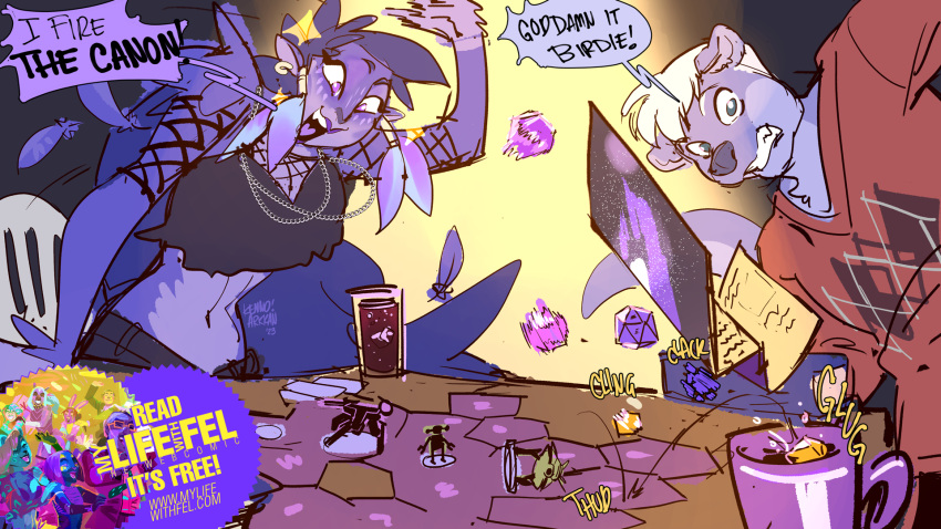 advertisement avian bird clothing corvid corvus_(genus) digital_media_(artwork) duo female fur goth_clothing hair hi_res kenno_arkkan male mammal marius_(fursona) mustelid oscine otter passerine purple_body purple_fur purple_hair raven_(bird) ravencrafte tabletop_game tabletop_rpg text