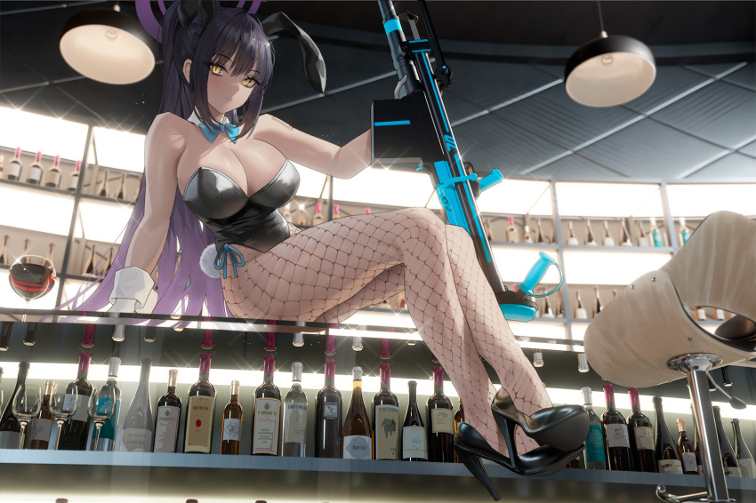 1girls bar_stool big_breasts black_hair blue_archive cirilla_lin cleaning_&_clearing_(blue_archive) dark-skinned_female dark_skin eyebrows_visible_through_hair female female_only gloves gun karin_(blue_archive) karin_(bunny)_(blue_archive) lamp looking_at_viewer millennium_science_school_student reflection rifle solo weapon white_gloves wine_bottles wine_glass yellow_eyes