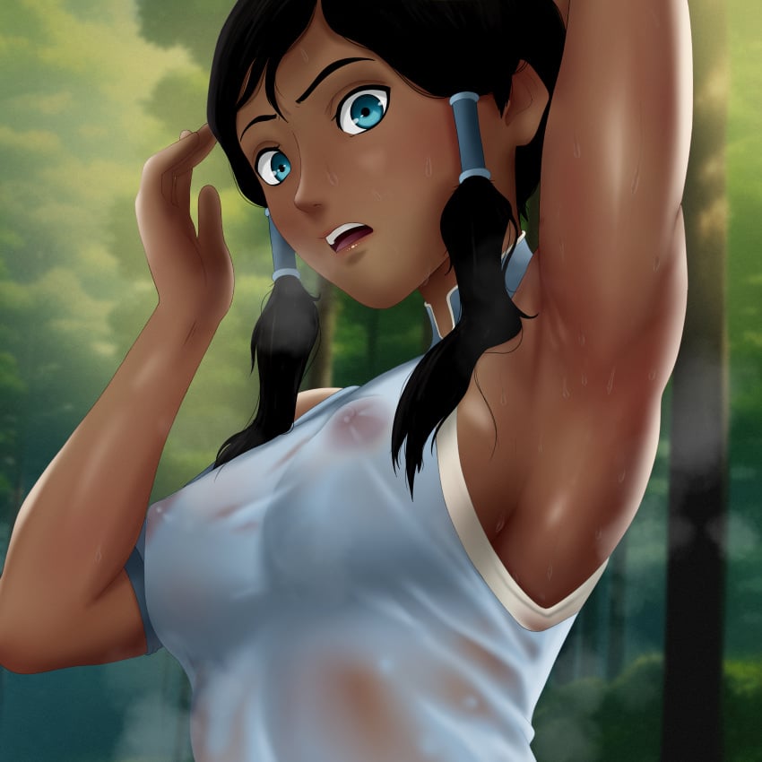 1girls armpit armpit_licking armpit_sweat armpits avatar_legends blue_eyes breasts clothing dark-skinned_female dark_skin erect_nipples erect_nipples_under_clothes female inuit korra large_breasts looking_at_viewer muscular_female nipples noxdsa ponytail see-through see-through_clothing solo sweatdrop sweating sweaty sweaty_armpits sweaty_body the_avatar the_legend_of_korra water_tribe