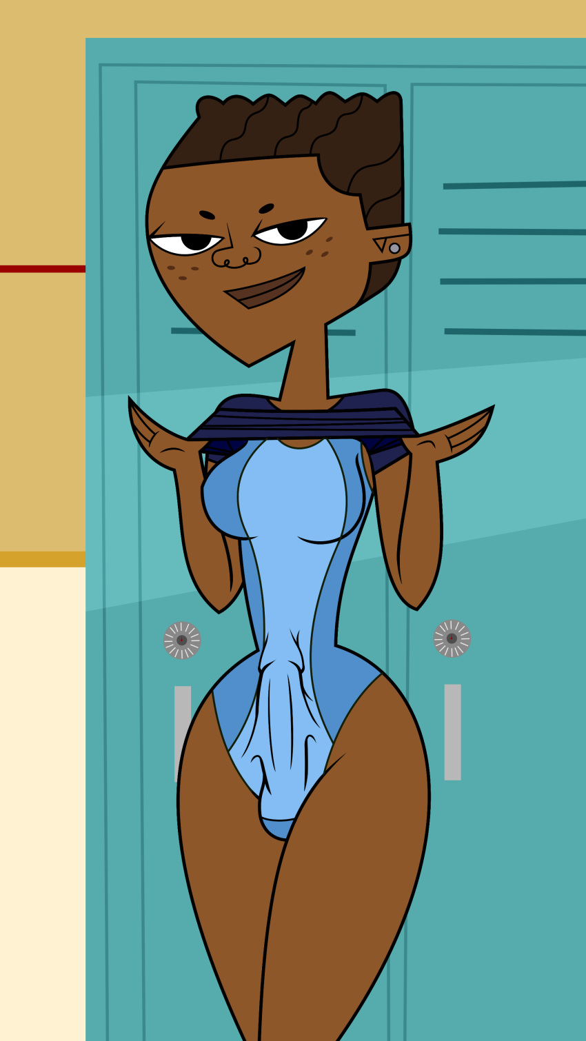 1futa balls bedroom_eyes big_penis breasts brown_hair clothed clothing dark-skinned_futanari dark_skin erection erection_under_clothes fresh_tv futa_only futanari human looking_at_viewer mostly_clothed one-piece_swimsuit penis sanders_(tdi) short_hair solo source_request standing stripping teletoon the_ridonculous_race thick_thighs tjlive5 total_drama_island wide_hips