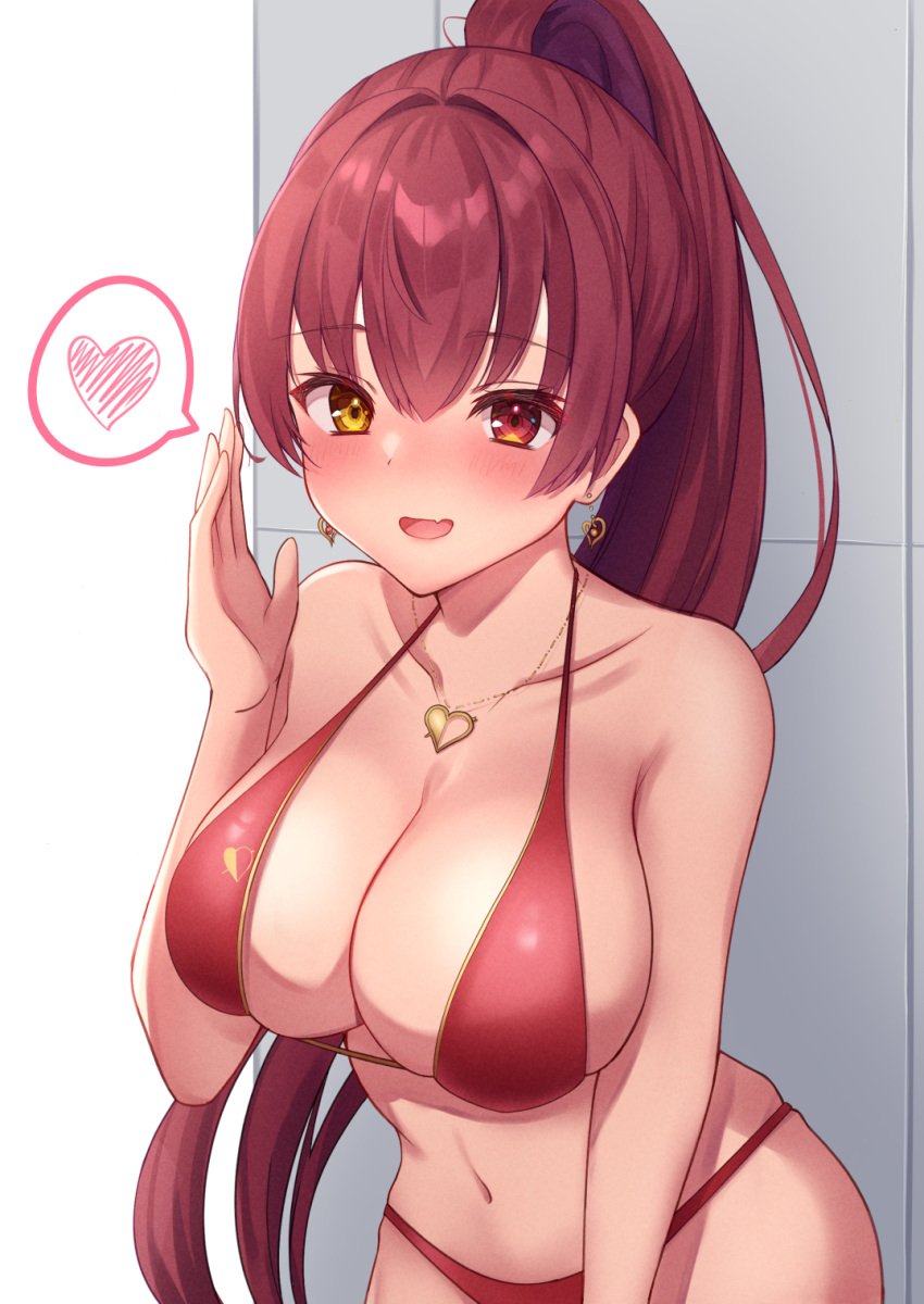 bikini breasts cute_fang earrings female halterneck hand_up heart heart_earrings heart_necklace heterochromia highres hololive hololive_fantasy hololive_japan houshou_marine jewelry large_breasts long_hair looking_at_viewer mikoto_paint navel necklace ponytail red_bikini red_eyes red_hair skin_fang smile solo spoken_heart swimsuit virtual_youtuber