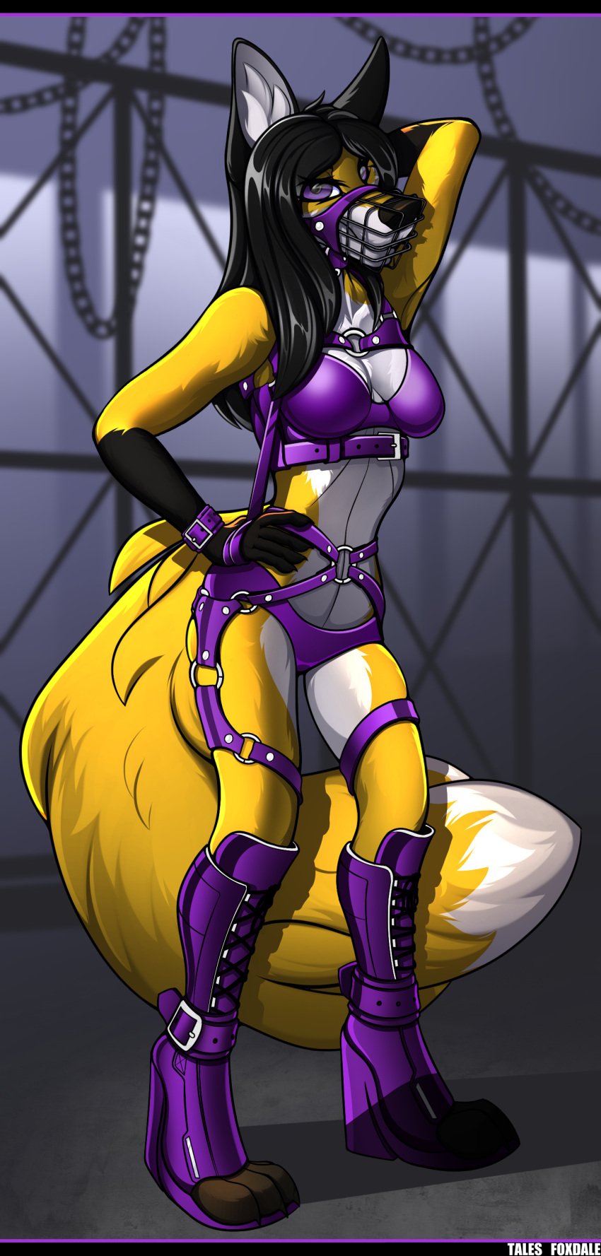 absurd_res anthro bondage bondage bondage_gear bound breasts canid canine clothing detailed_background digital_media_(artwork) female fox fur hair hi_res looking_at_viewer mammal muzzle_(object) muzzled restraints rocksy simple_background solo submissive tales_foxdale white_body yellow_body yellow_fur