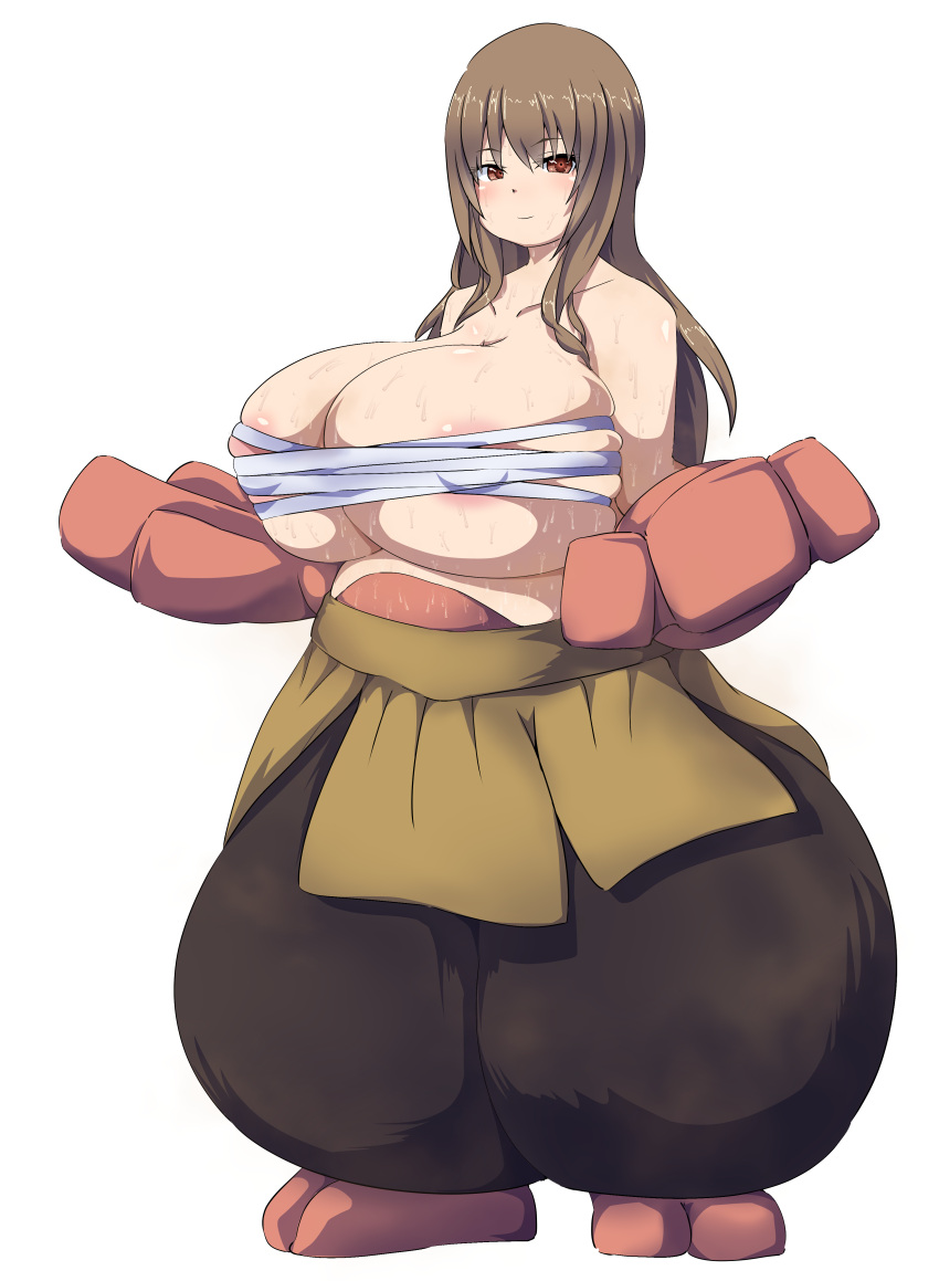 alice_gear_aegis big_breasts blush breasts breasts_bigger_than_head brown_eyes brown_hair cosplay crossover_cosplay game_freak gear_sankaku hariyama_(cosplay) huge_breasts large_breasts nintendo oozeki_koyui oversized_gloves pokemon pokemon_(cosplay) sankaku_gear sarashi solo solo_female sweat white_background