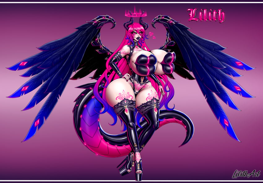 1girls 2023 breast_lips breast_mouth breasts corset demon demon_girl female female_only halo hi_res high_heels huge_breasts lilith_(lilith_art) lilith_art lip_nipples lipples lipstick long_hair looking_at_viewer mouth_nipples original original_character pink_hair slit_pupils solo stomach_tattoo succubus tail tattoo thick_thighs thighhighs wide_hips wings