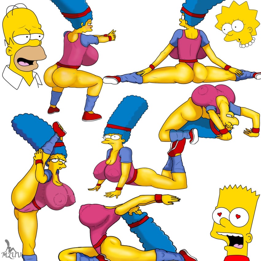 bart_simpson big_breasts exercise homer_simpson implied_incest lisa_simpson marge_simpson milf mluv stretching the_simpsons white_background yellow_body