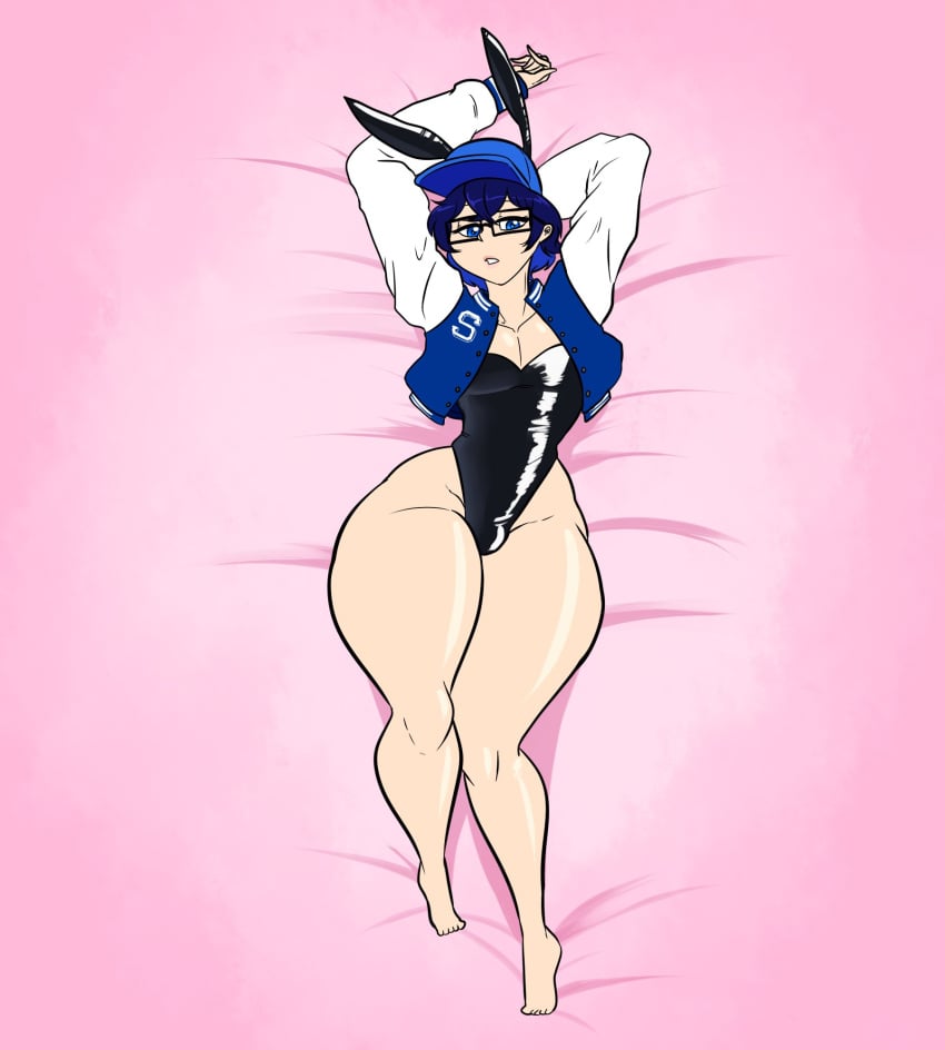 1boy barefoot blue_eyes blue_hair bunnysuit clothing feet femboy glasses hat jacket kaboozle looking_at_viewer lying lying_on_back male male_only solo space_left spacey_(space_left) thick_thighs wide_hips