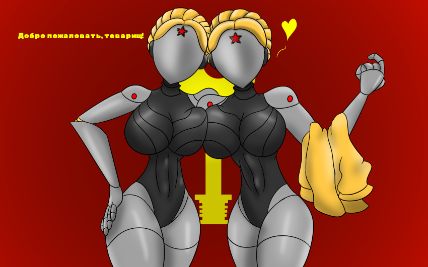 2girls android atomic_heart breast_on_breasts breasts curvy duo faceless_character faceless_female female female_only hands_on_hips huge_breasts humanoid jacket left_(atomic_heart) metallic_body reaper2545 right_(atomic_heart) robot robot_girl robot_humanoid symmetrical_docking tagme the_twins_(atomic_heart) thick_thighs wide_hips