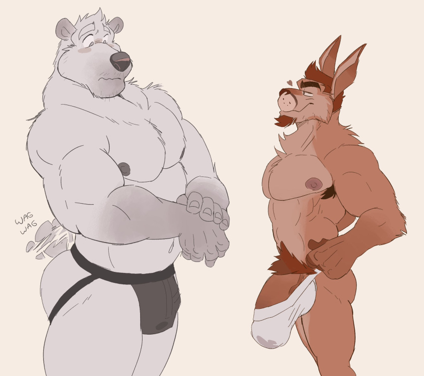 1boy 2boys bara bear blush boof brown_fur bunny furry furry_male furry_only gay ghoskee hairy jockstrap kangaroo male male/male male_focus male_only male_pubic_hair muscles muscular muscular_male nervous polar_bear pubic_hair rabbit side_view size_comparison size_difference small_but_hung small_dom_big_sub stubble tail wagging_tail white_fur yaoi