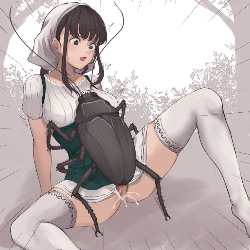 arm_support bangs blush breasts brown_eyes brown_hair bug censored clothed_rape dress empty_eyes female forest giant_insect head_scarf highres insect insectophilia mosaic_censoring nature open_mouth original panties penis rape ryu_insect scared sex short_sleeves sidelocks sitting tearing_up thighhighs underwear vaginal_penetration white_panties white_thighhighs zoophilia