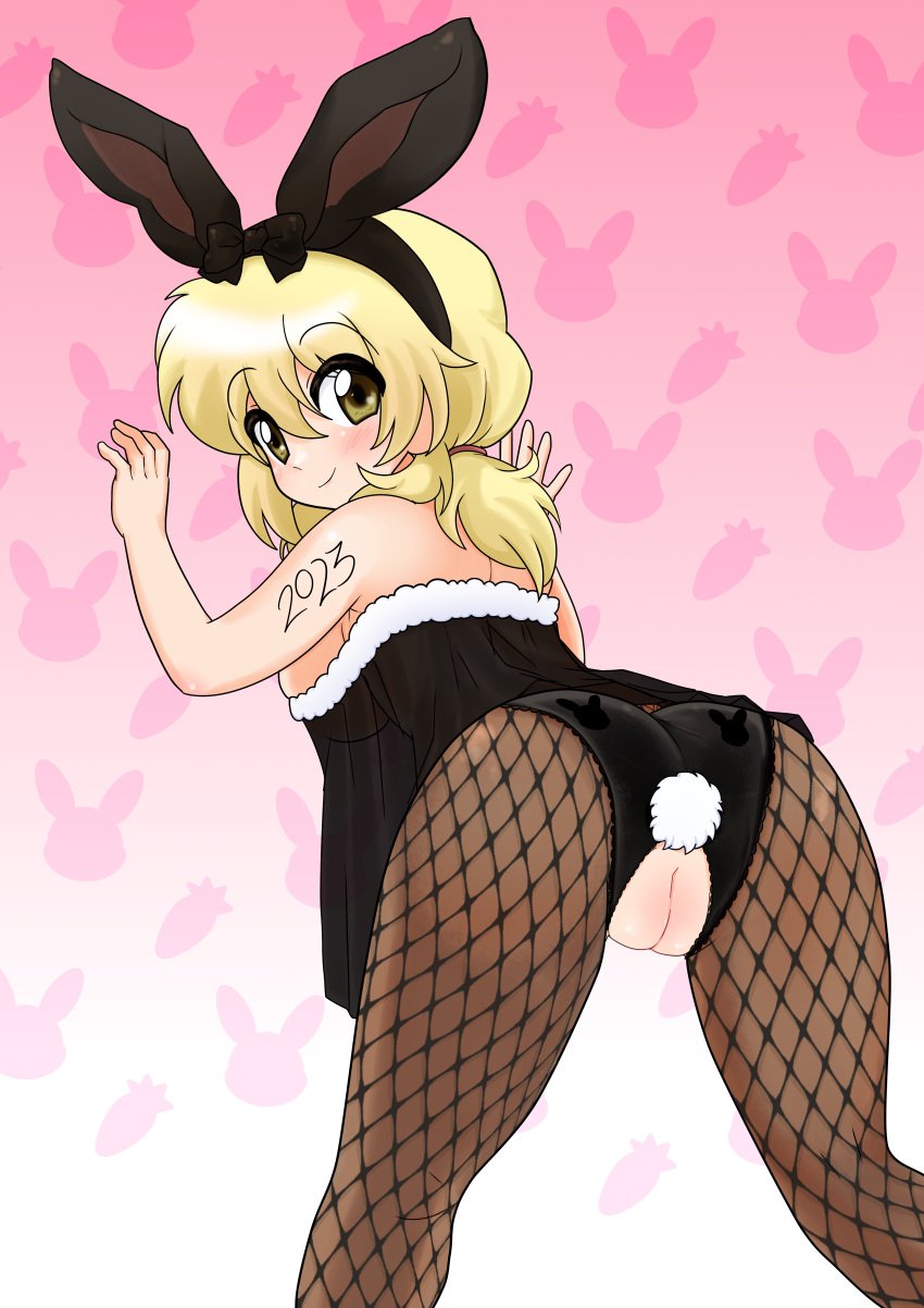 against_wall anal anal_object_insertion anal_tail animal_ears ass blonde_hair blush breasts chinese_zodiac cleft_of_venus crotch_cutout dard_drak fake_animal_ears fake_tail female fishnet_pantyhose fishnets from_behind hidamari_sketch long_hair looking_at_viewer looking_back miyako_(hidamari_sketch) new_year object_insertion pantyhose pink_background pussy rabbit_ears rabbit_tail see-through smile solo tail year_of_the_rabbit