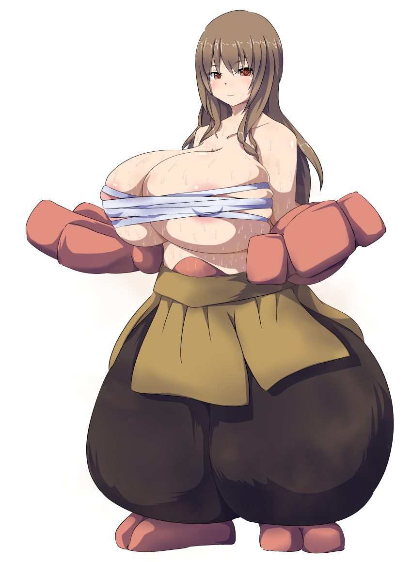 alice_gear_aegis big_breasts blush breasts breasts_bigger_than_head brown_eyes brown_hair cosplay crossover_cosplay game_freak gear_sankaku hariyama_(cosplay) huge_breasts large_breasts nintendo oozeki_koyui oversized_gloves pokemon pokemon_(cosplay) sankaku_gear sarashi solo solo_female sweat white_background