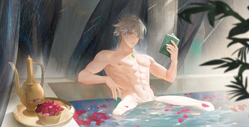 1boy 1nnok 2d 2d_(artwork) abs alhaitham_(genshin_impact) areolae athletic athletic_male bath bathtub big_chest book genshin_impact hair_between_eyes hot_nerd light-skinned_male light_skin looking_at_viewer luxurious_chest male male_focus male_only muscular muscular_male nipples nude nude_male reading reading_book silver_hair six_pack tagme taking_a_bath topless wet