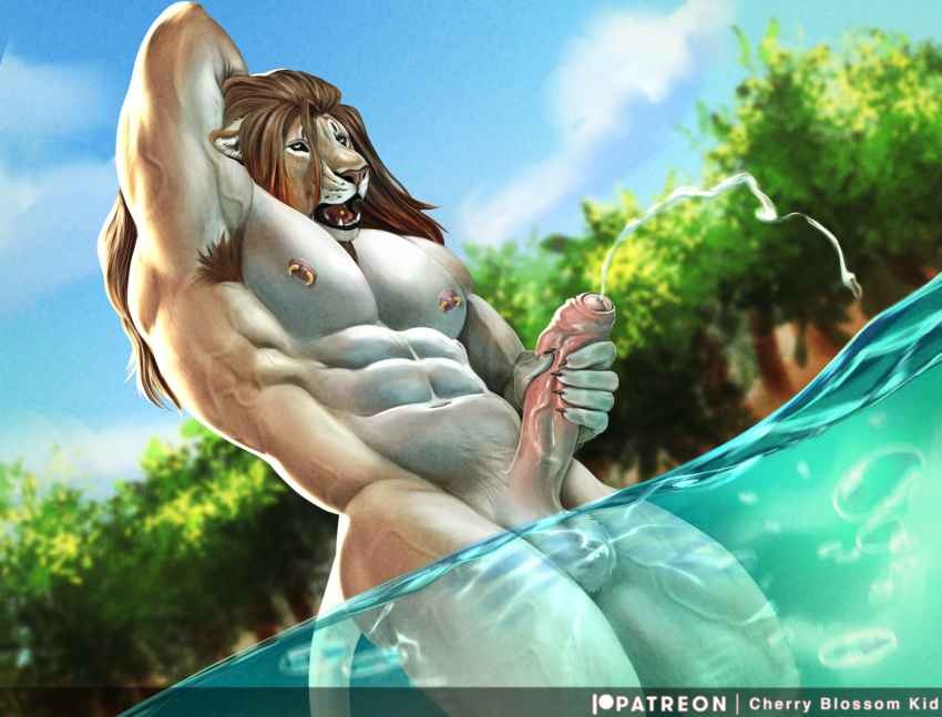 anthro balls big_muscles big_penis bodily_fluids brown_hair cherry_blossom_kid cloud cum cum_in_water cumshot dutch_angle ejaculation felid foreskin fur genital_fluids genitals hair hi_res humanoid_genitalia humanoid_penis lion male mammal masturbation muscular muscular_anthro muscular_male nipple_piercing nipples nude open_mouth pantherine partially_submerged partially_underwater_shot penile penile_masturbation penis piercing plant sky solo standing_in_water tan_body tan_fur tree underwater vein veiny_muscles wading water