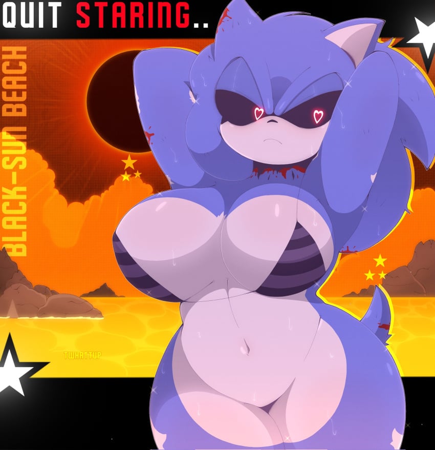 <3_eyes 1girls ? anthro armpits arms_up artist_name beach bikini bikini_top black_bikini black_sclera blood blue_body blue_fur breasts confused creepypasta curvaceous curves curvy curvy_body curvy_female curvy_figure curvy_hips eclipse english_commentary english_text exe_(revie) faker_(revie) fakussy female friday_night_funkin furry furry_female genderswap genderswap_(mtf) glaring heart-shaped_pupils hedgehog huge_breasts lidded_eyes navel rule_63 sega solar_eclipse sonic.exe sonic.exe_(series) sonic_(series) sonic_the_hedgehog sonic_the_hedgehog_(series) tight_bikini twhattup voluptuous voluptuous_female