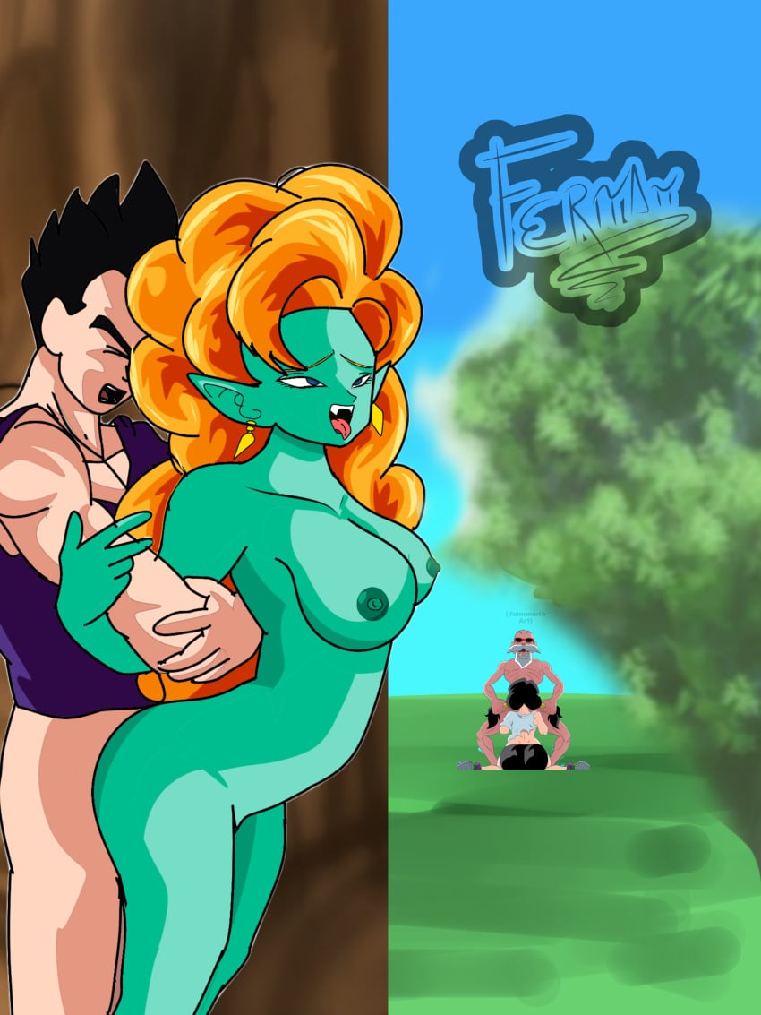 2boys 2girls black_hair blue_skin dragon_ball dragon_ball_z f3r&pi;∆&pi; fellatio master_roshi oral orange_hair race_of_hera saiyan sex son_gohan videl zangya