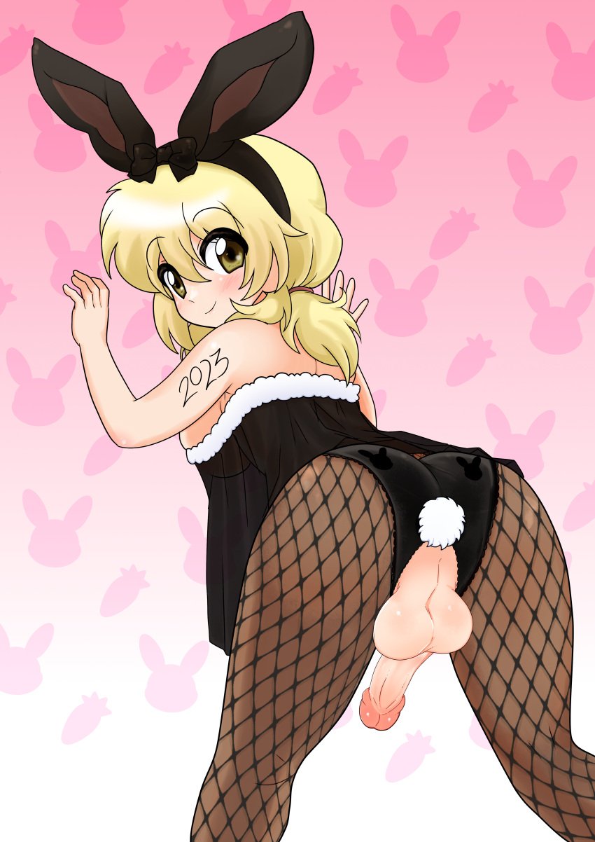 1futa 2023 against_wall anal anal_object_insertion anal_tail animal_ears ass back back_view bent_over blonde_hair blush breasts chinese_zodiac clothed clothing dard_drak fake_animal_ears fake_tail fishnet_pantyhose fishnets from_behind futa_sans_pussy futanari hidamari_sketch human light-skinned_futanari light_skin long_hair looking_at_viewer looking_back miyako_(hidamari_sketch) mostly_clothed new_year object_insertion pantyhose penis pink_background rabbit_ears rabbit_tail see-through smile solo standing tail testicles year_of_the_rabbit